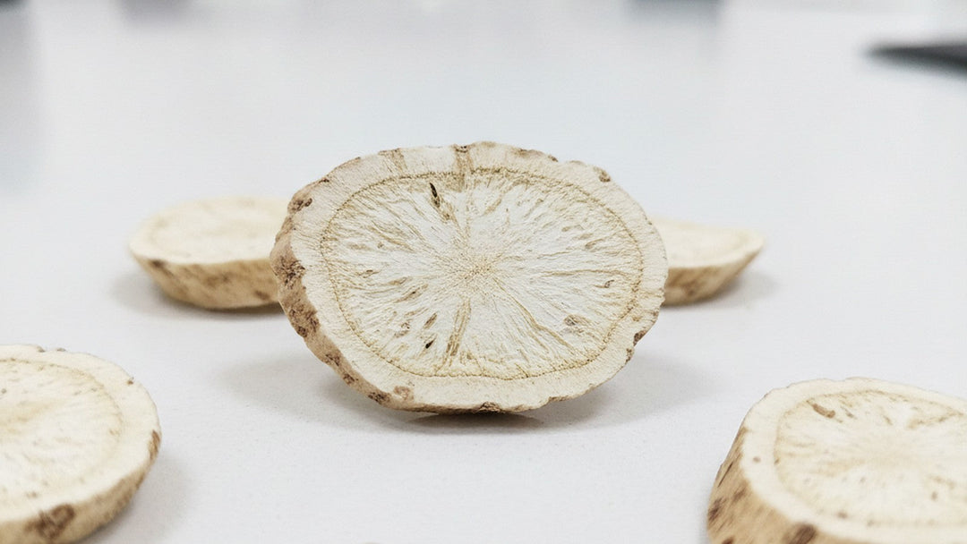 Dried slices of pueraria mirifica root on white surface