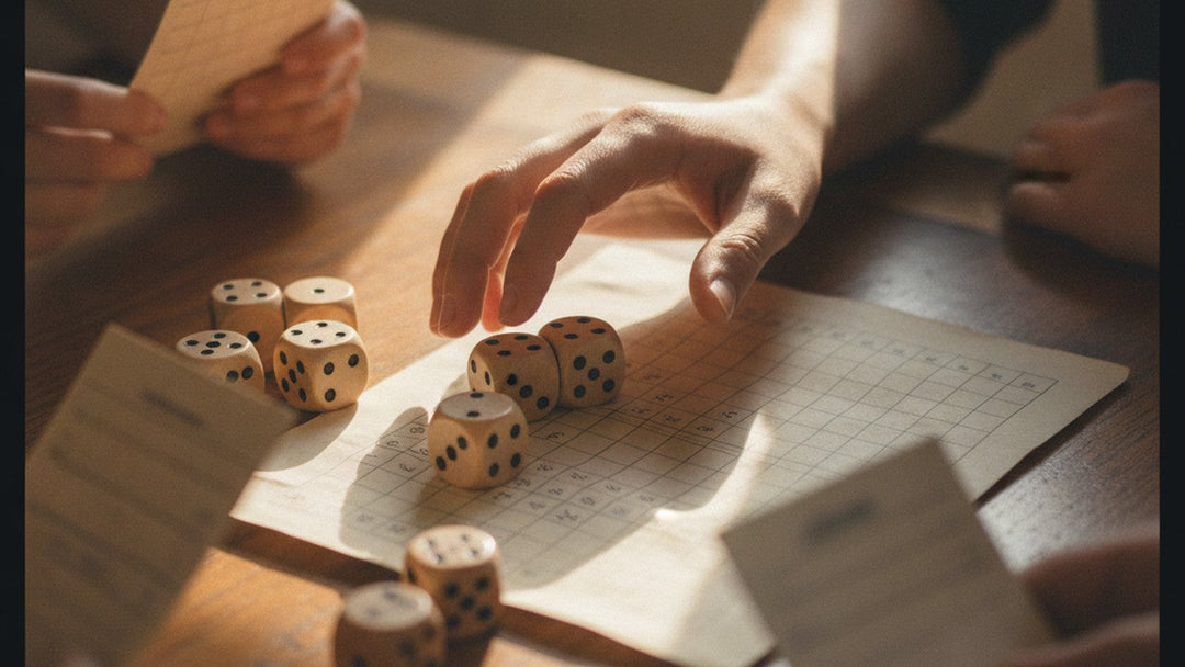 Hand hovering over dice on game table deciding whether to roll again