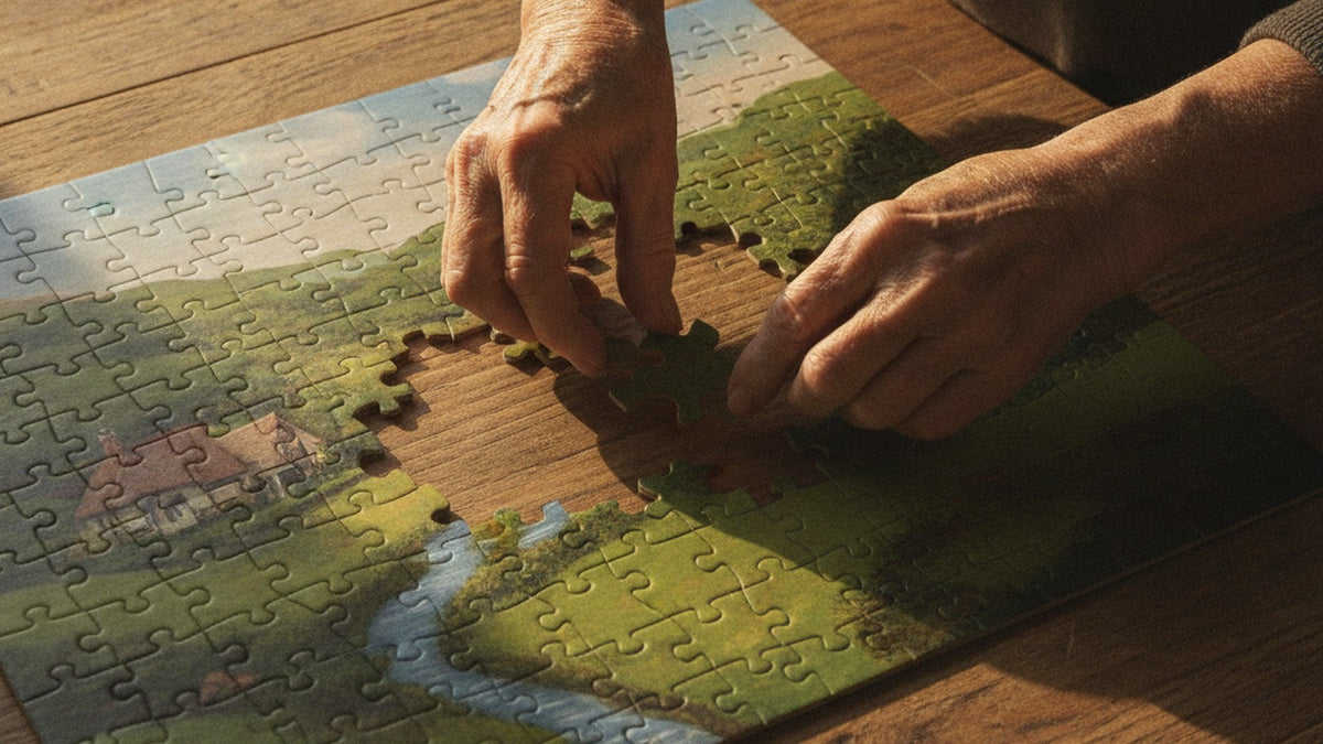 Older adult hands placing jigsaw puzzle piece with timer visible