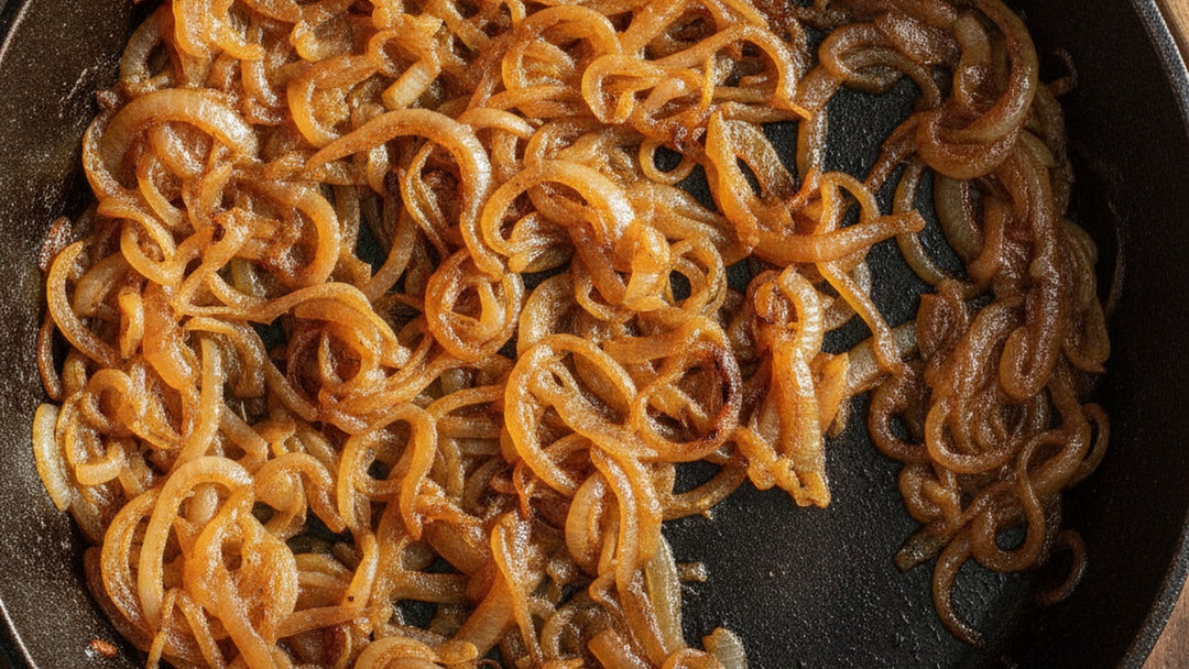 Caramelized onions in cast iron pan showing browning process