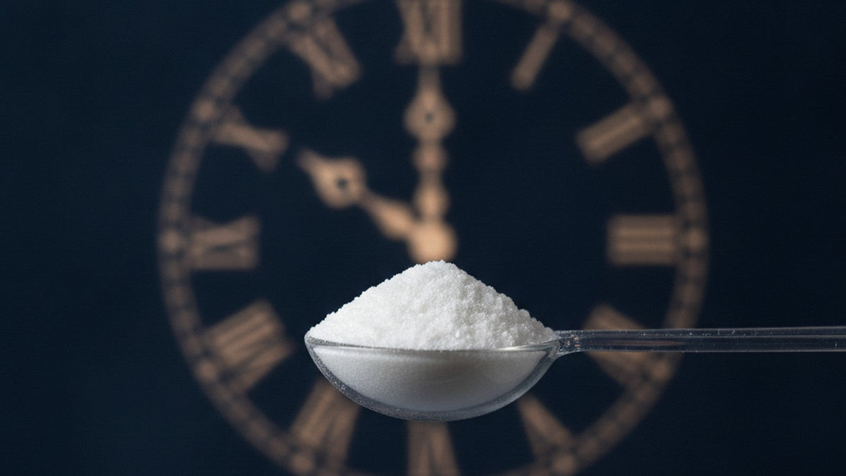 Pyruvate powder in measuring spoon with clock shadow