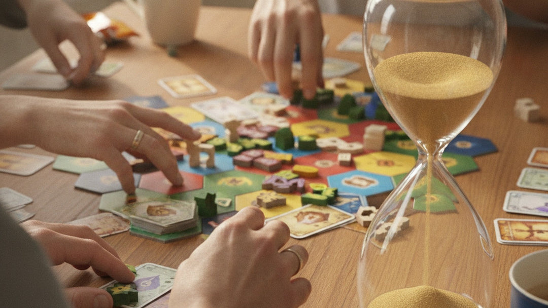 Multiple hands reaching for game pieces during a real-time board game with timer