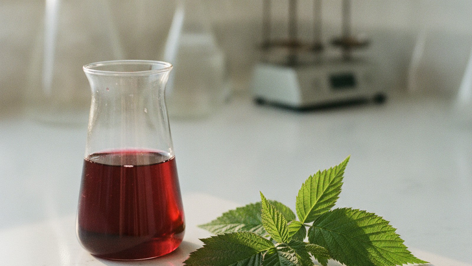 Glass beaker of raspberry leaf extract beside fresh raspberry leaves on laboratory counter