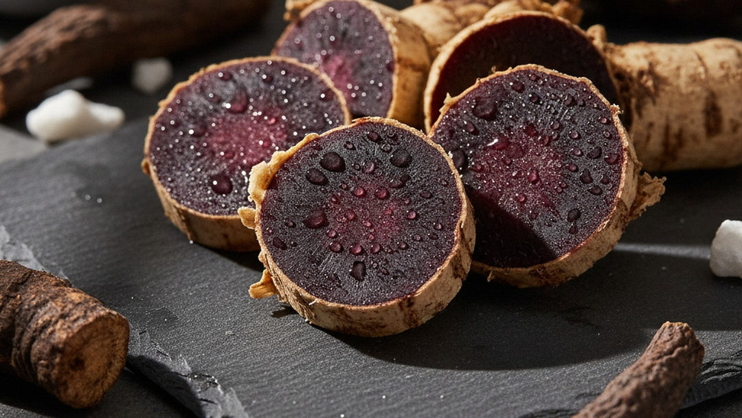 Fresh rehmannia root cross-sections showing purple interior