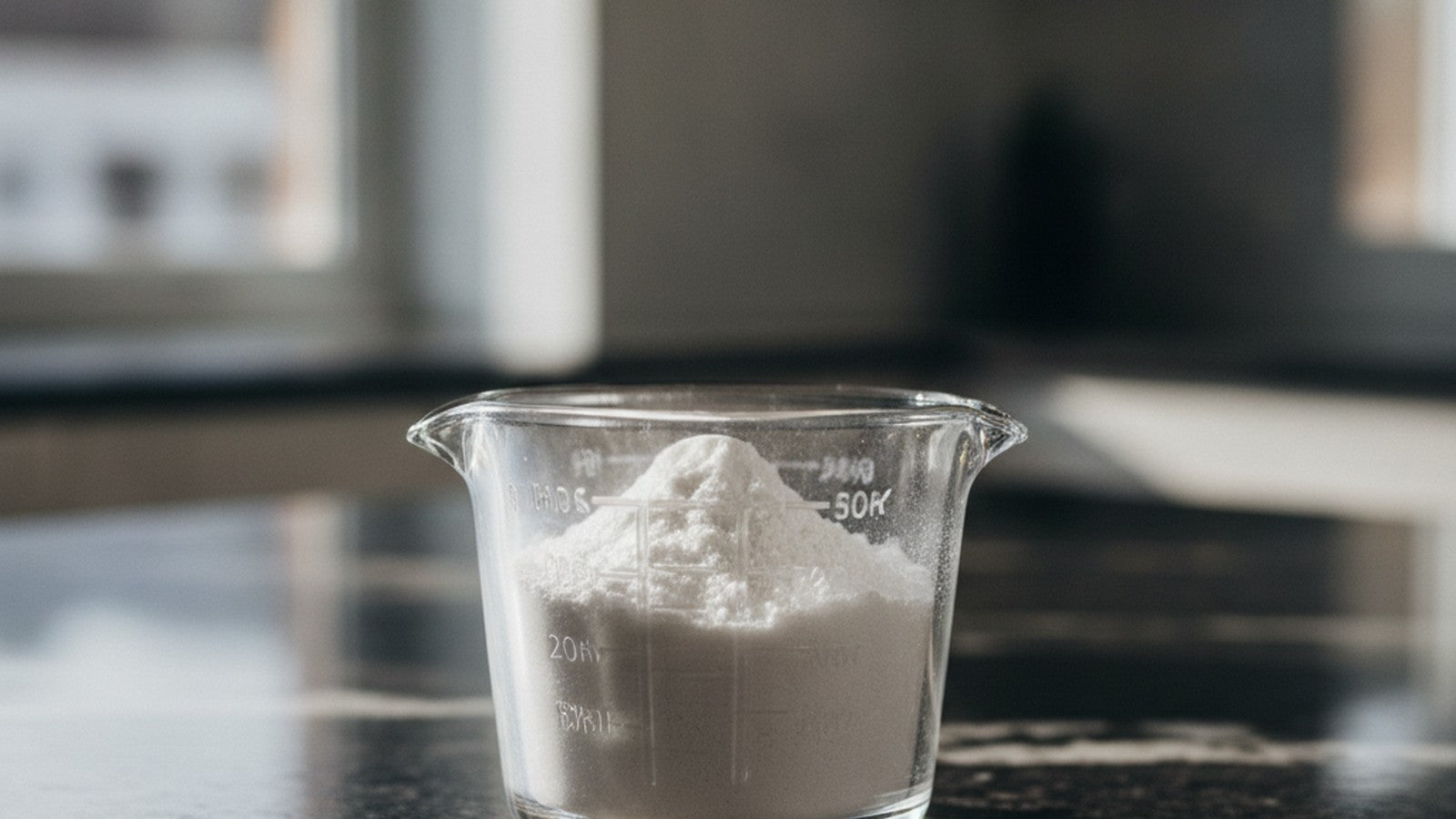 White corn starch powder in glass measuring cup