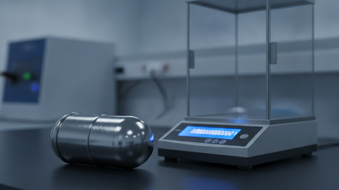 Single metallic supplement capsule on laboratory scale showing trace weight