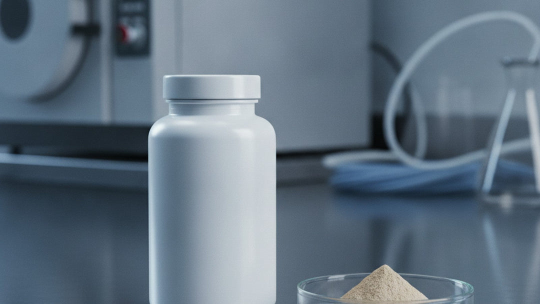 Supplement bottle and rice protein powder on laboratory bench