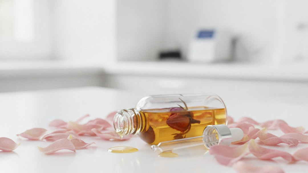 Rose essential oil bottle with scattered rosa damascena petals on laboratory bench
