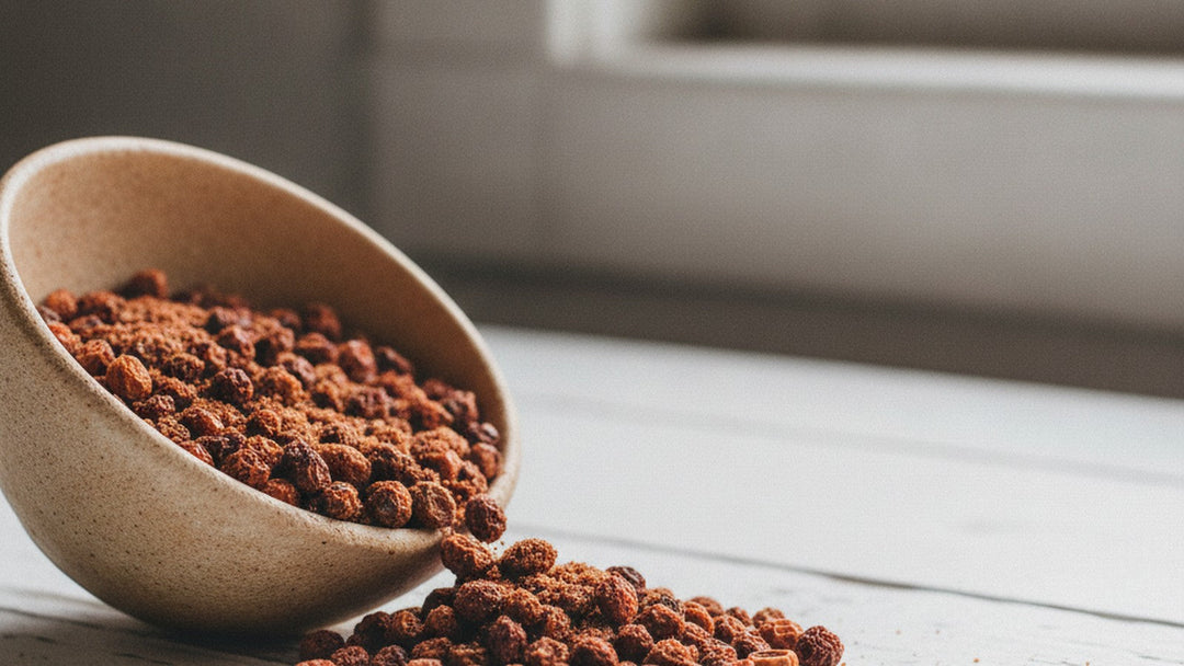 Dried rosehip seeds in ceramic bowl on white wood table