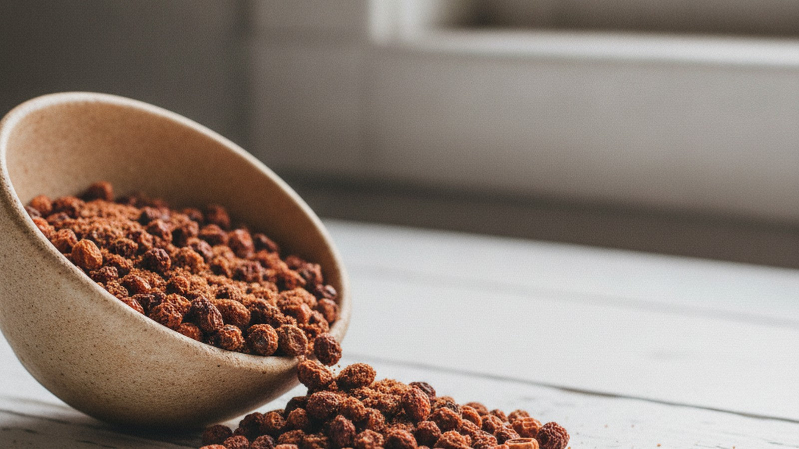 Dried rosehip seeds in ceramic bowl on white wood table