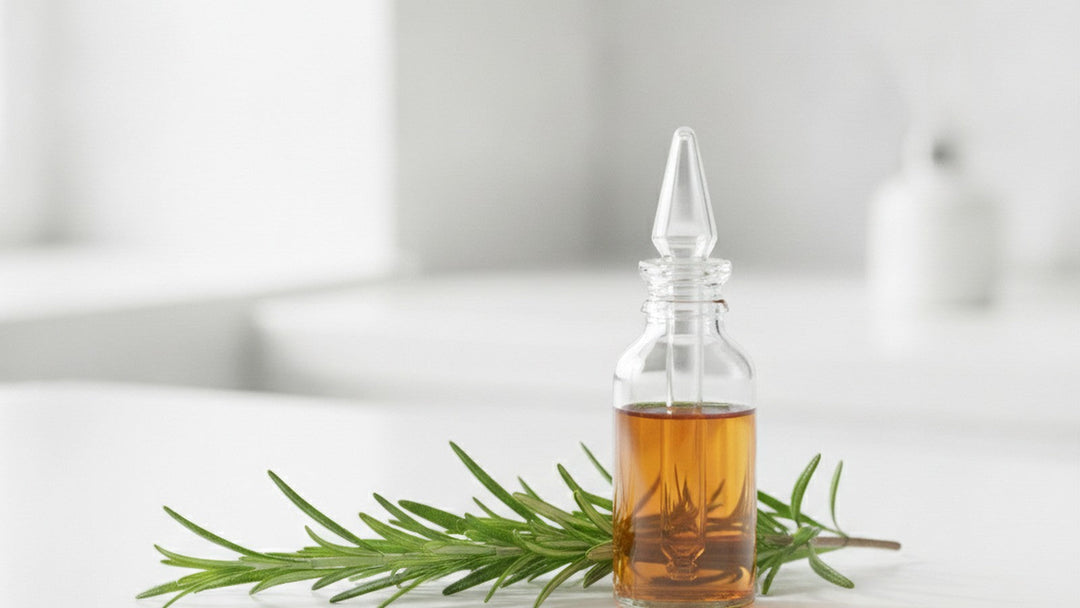 Fresh rosemary sprigs beside amber dropper bottle on white surface