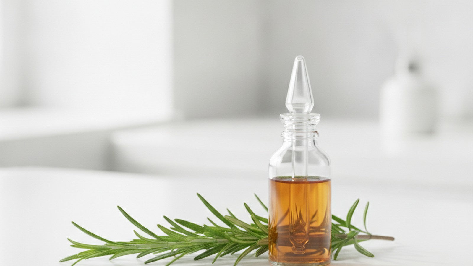 Fresh rosemary sprigs beside amber dropper bottle on white surface