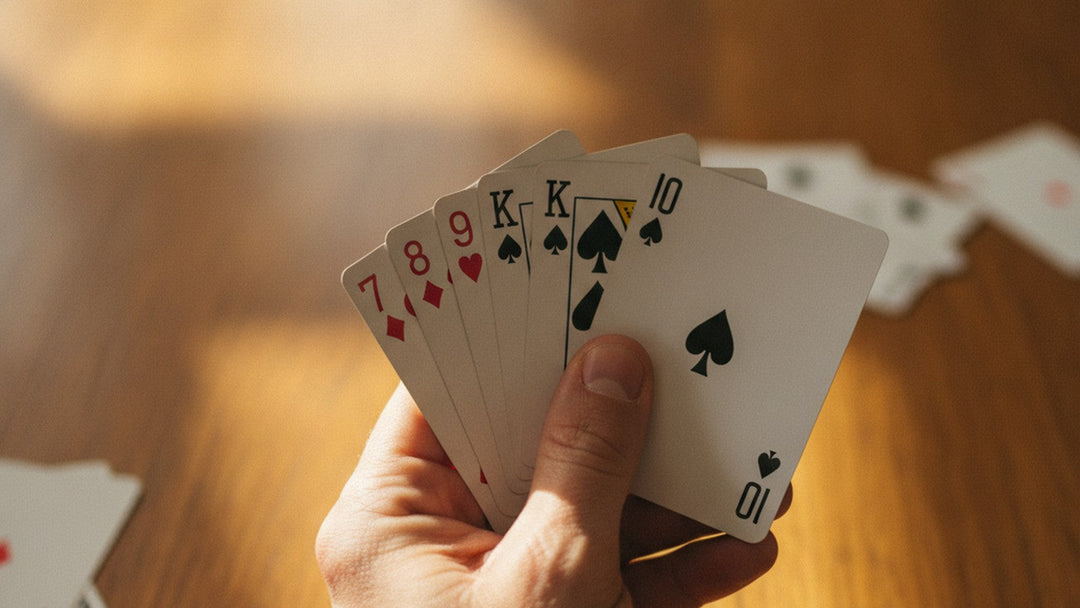 Hands holding playing cards during a rummy game