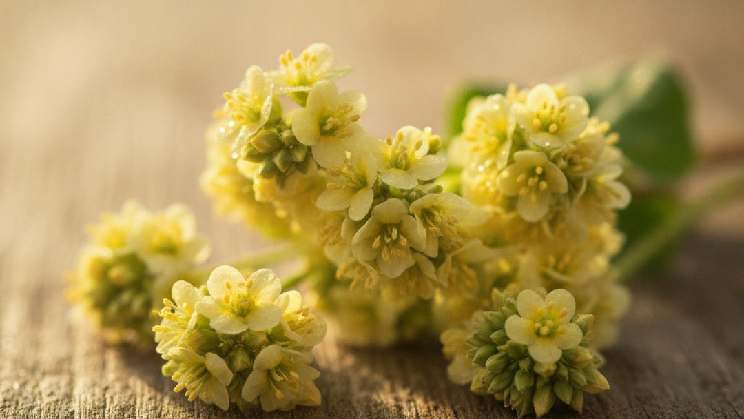 Yellow buckwheat flowers on wooden table