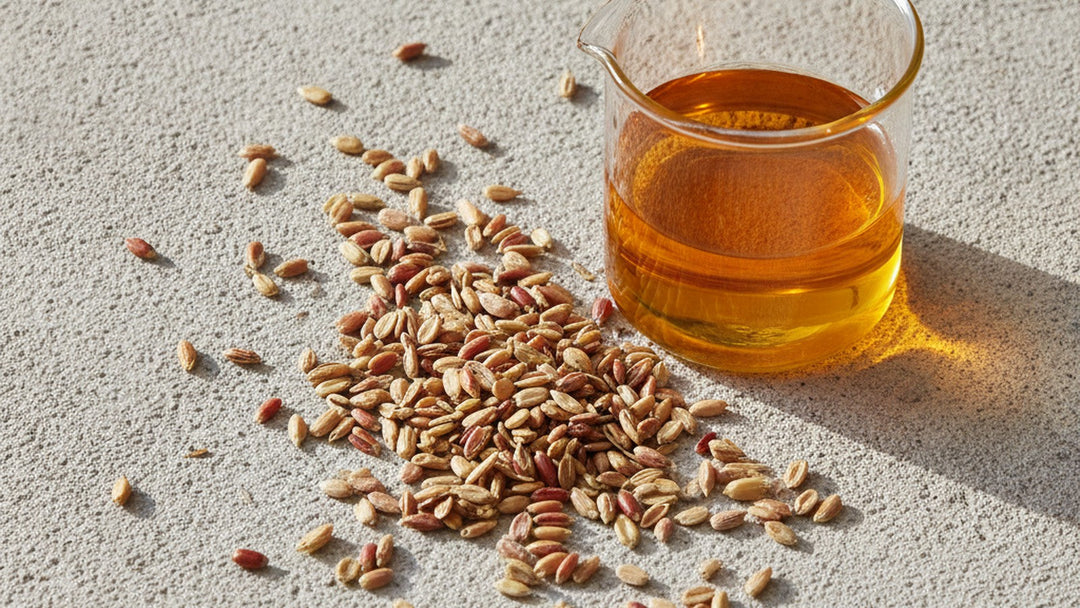 Dried safflower seeds and golden oil on laboratory counter