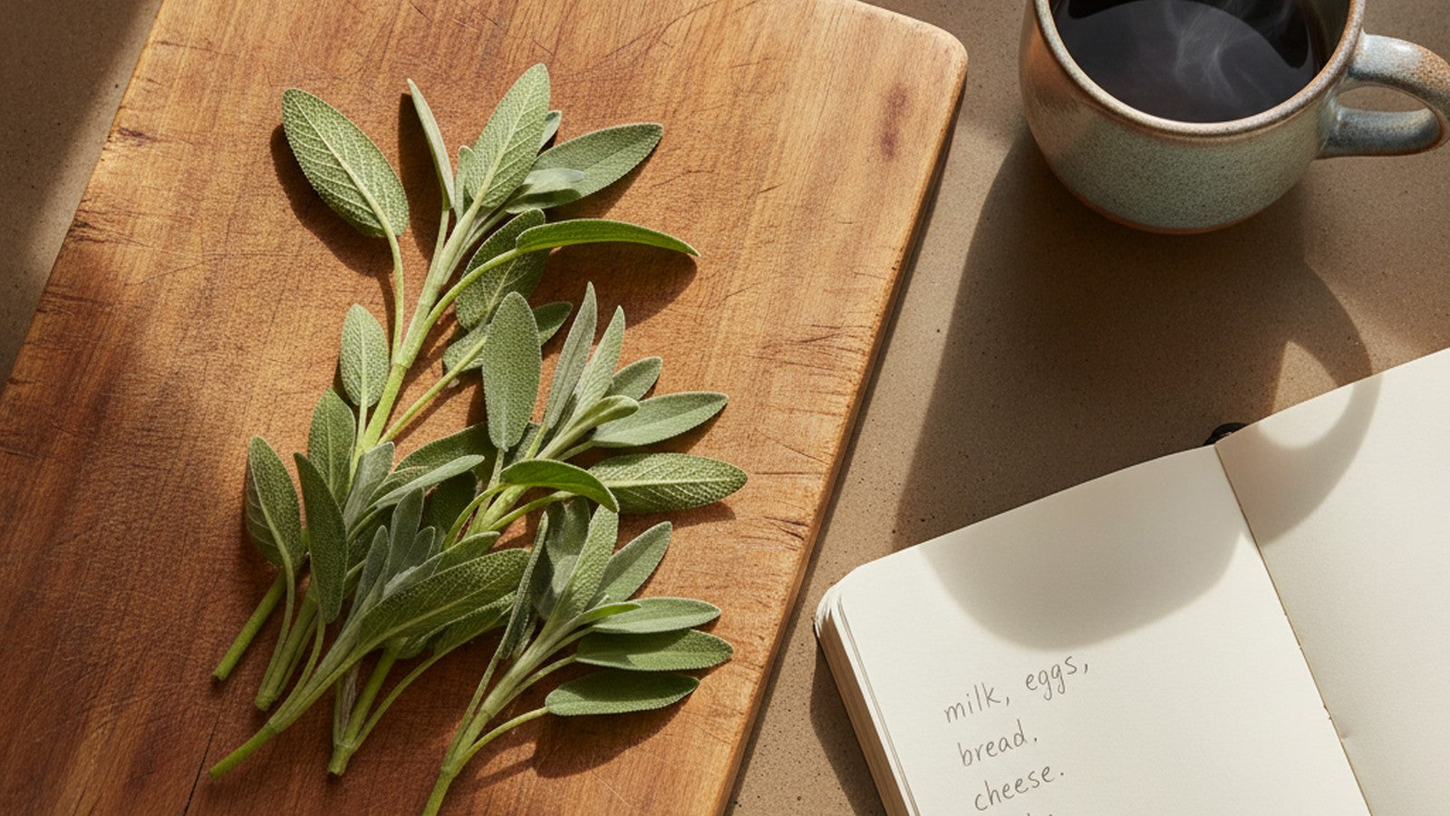 Fresh sage leaves on cutting board with notebook