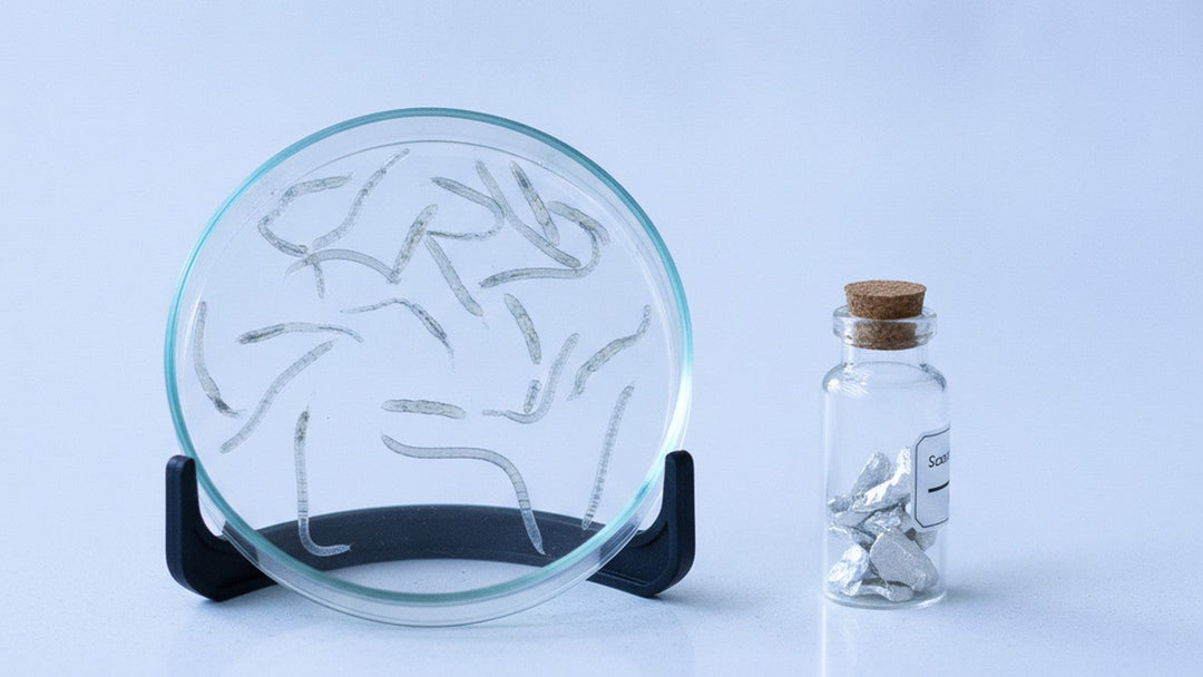 Laboratory petri dish with roundworms next to scandium metal sample