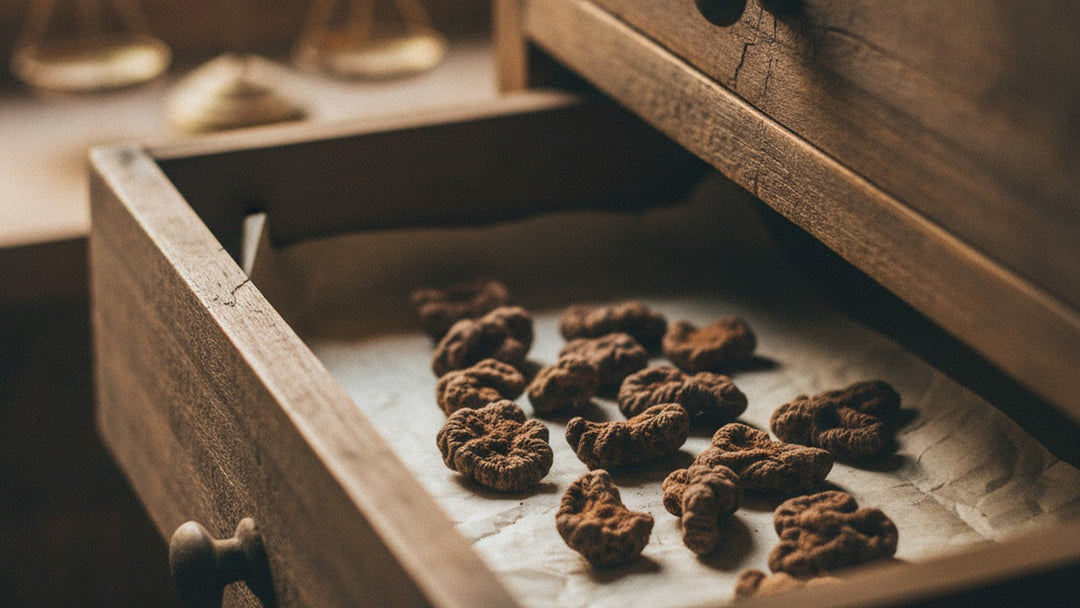 Open drawer of dried figwort root in traditional medicine shop