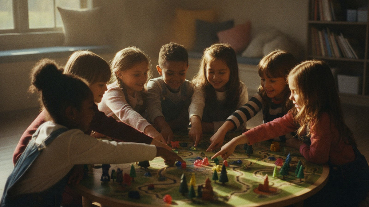 Children playing cooperative board game together around table