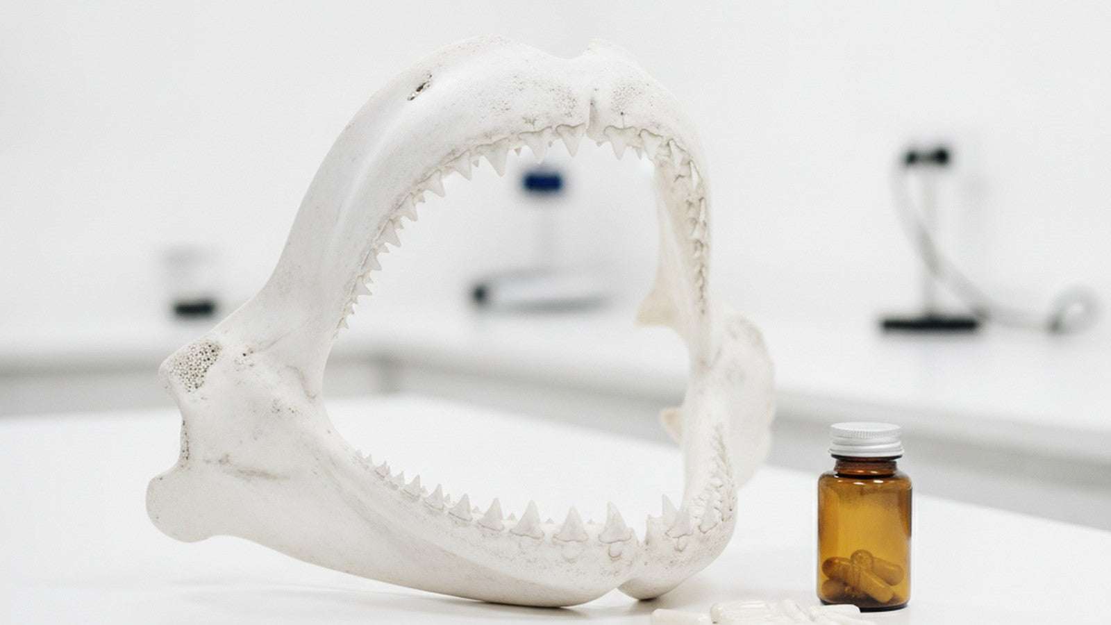 Shark jaw specimen next to supplement bottle on laboratory bench