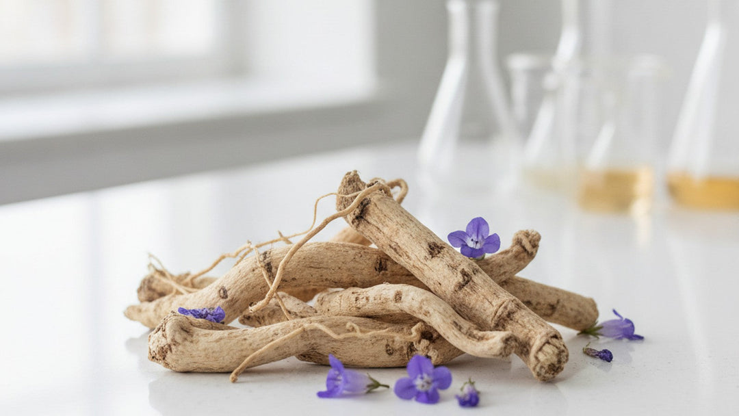 Dried skullcap roots and purple flowers on laboratory counter