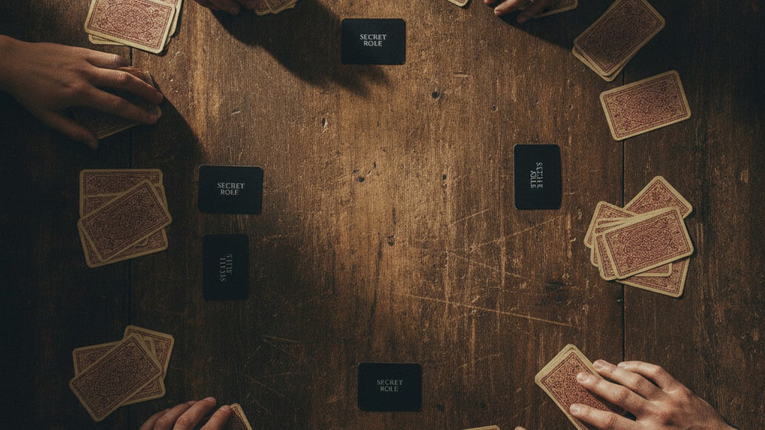 Hands reaching for hidden role cards on a wooden table