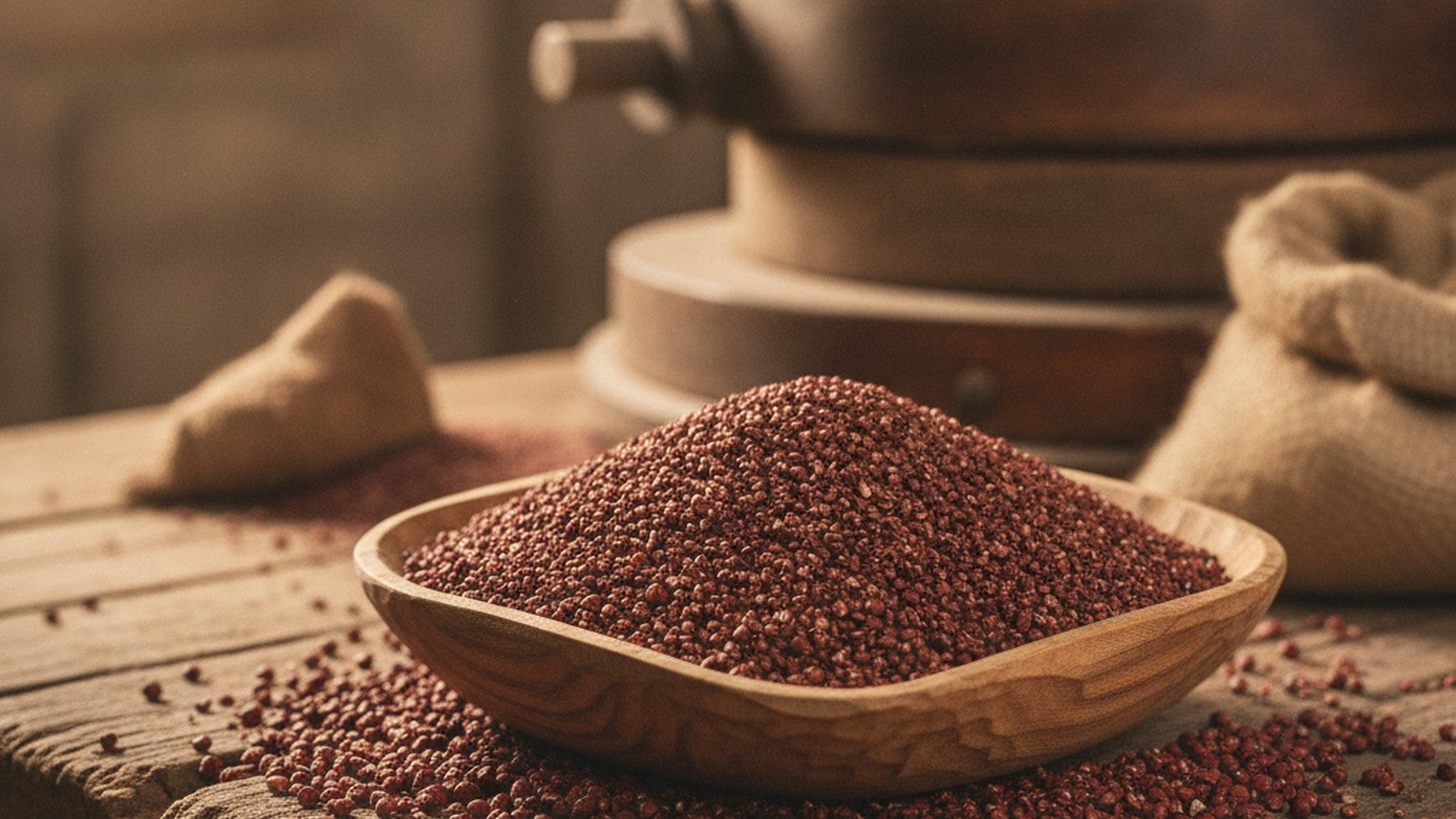 Dark red sorghum bran in wooden bowl with whole grains