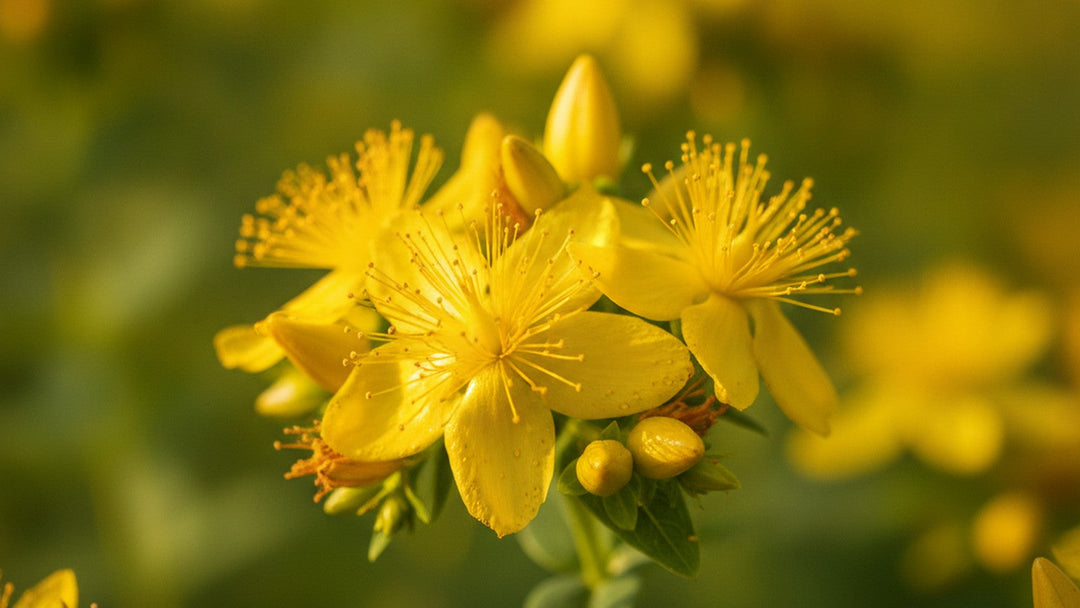 Bright yellow St John's wort flowers blooming in sunlight