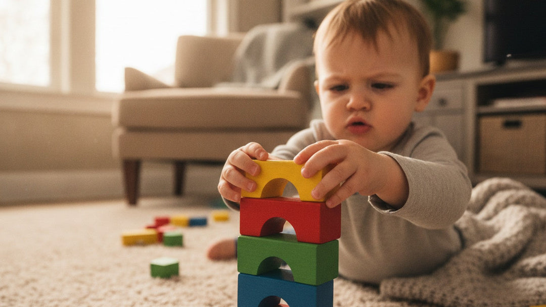 Toddler stacking wooden blocks on carpet