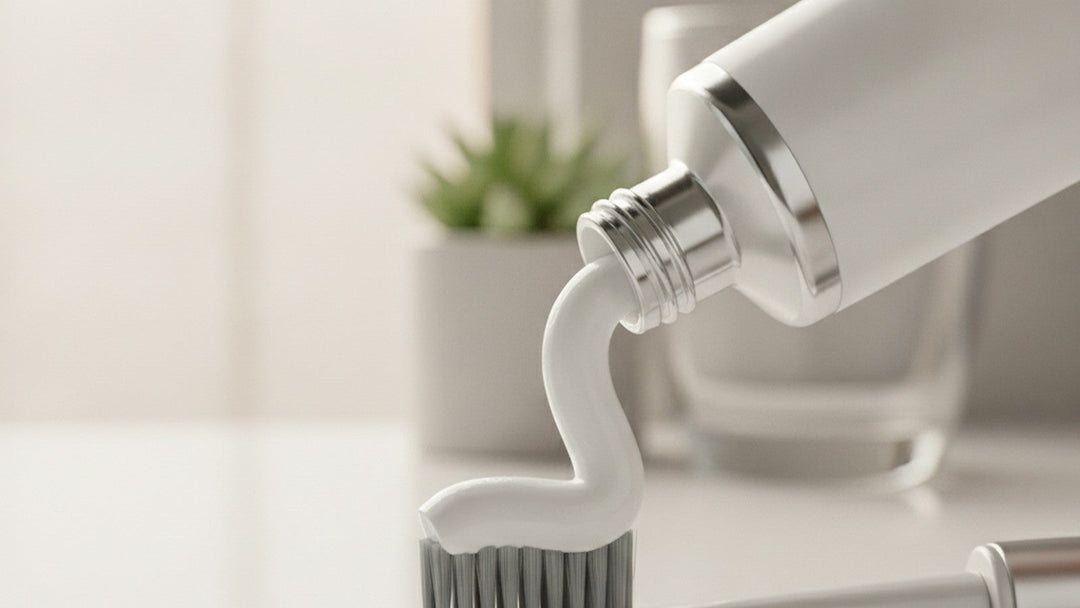 Toothpaste being applied to electric toothbrush on bathroom counter
