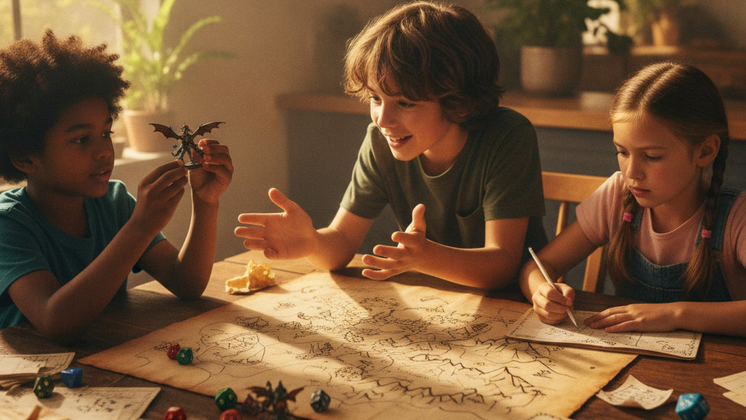 Three children playing a collaborative storytelling game at a kitchen table with maps and character sheets