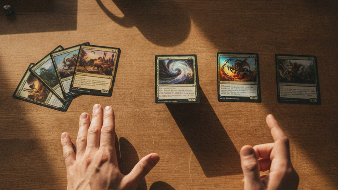 Hands holding Magic cards mid-decision over tapped lands and creatures