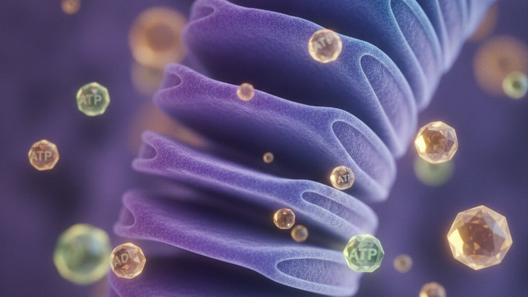 Electron microscope view of mitochondrial membrane structures in gradient blue and purple