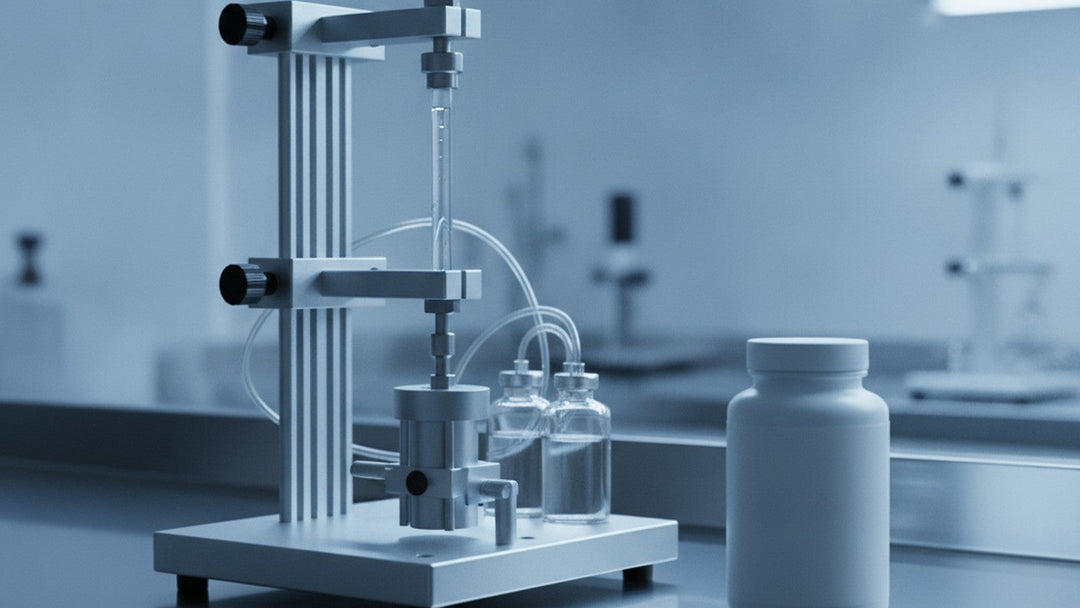 Laboratory viscometer beside supplement bottle on steel bench