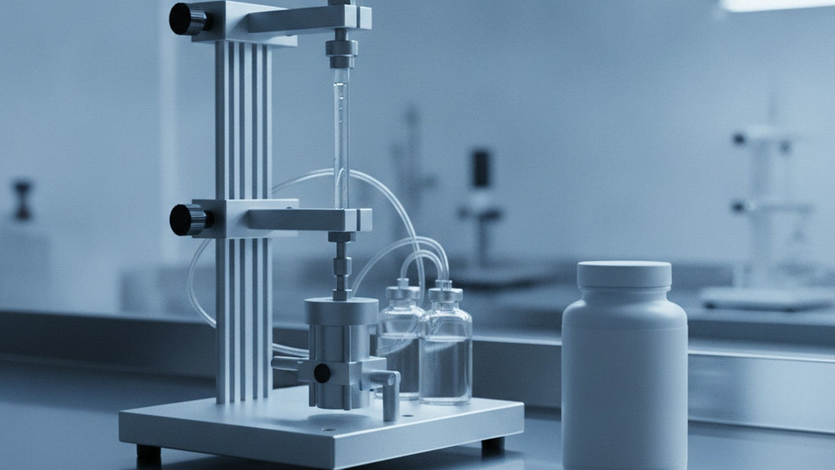 Laboratory viscometer beside supplement bottle on steel bench