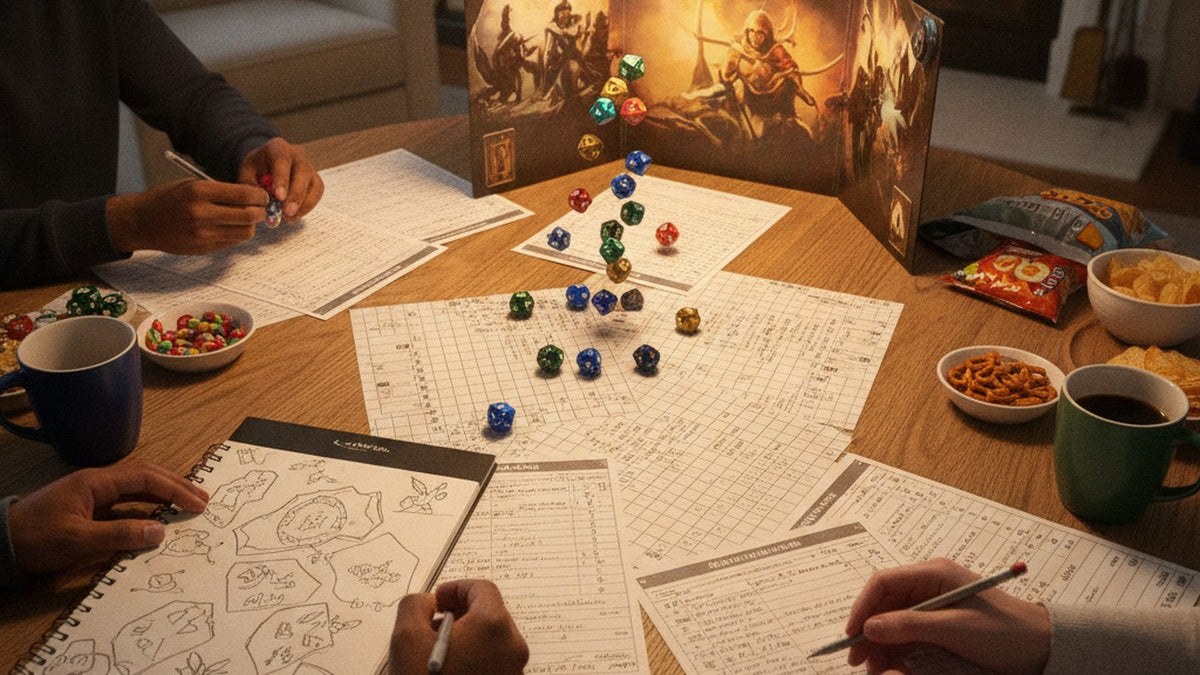 Overhead view of tabletop RPG game in progress with dice, character sheets and player hands