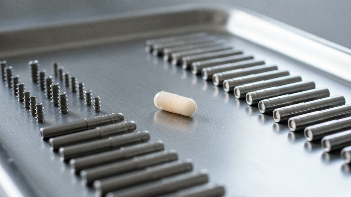 Surgical bone screws on medical tray with supplement capsule