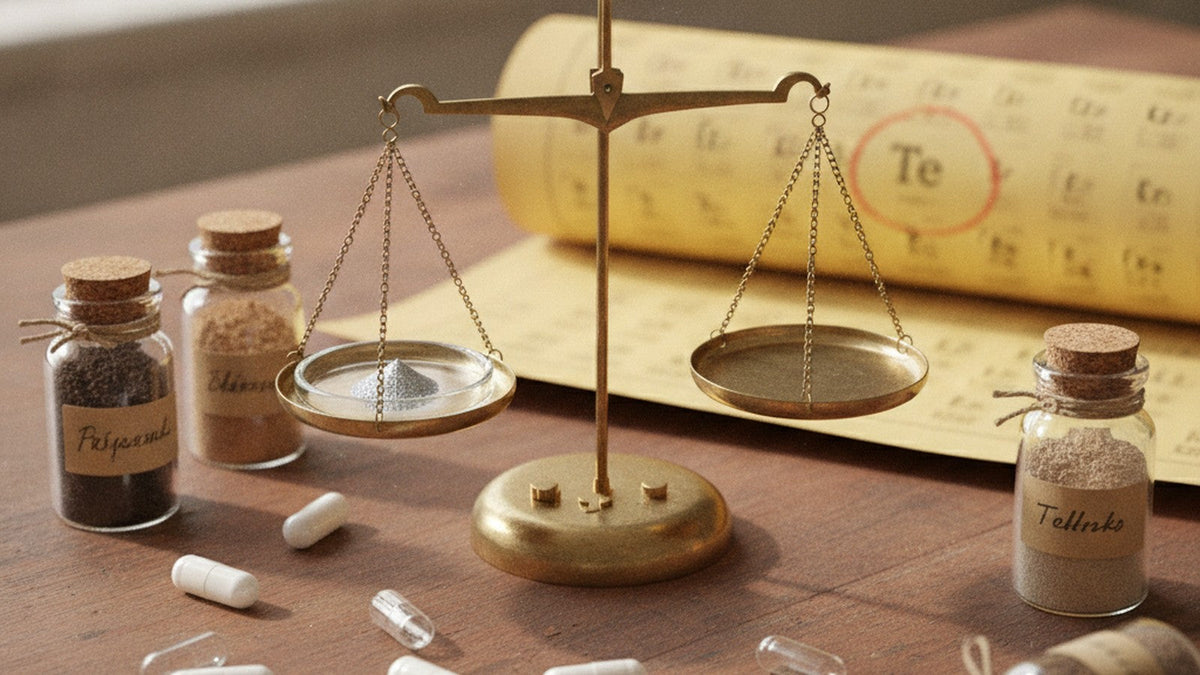 Laboratory scale weighing tellurium powder beside soil samples and periodic table
