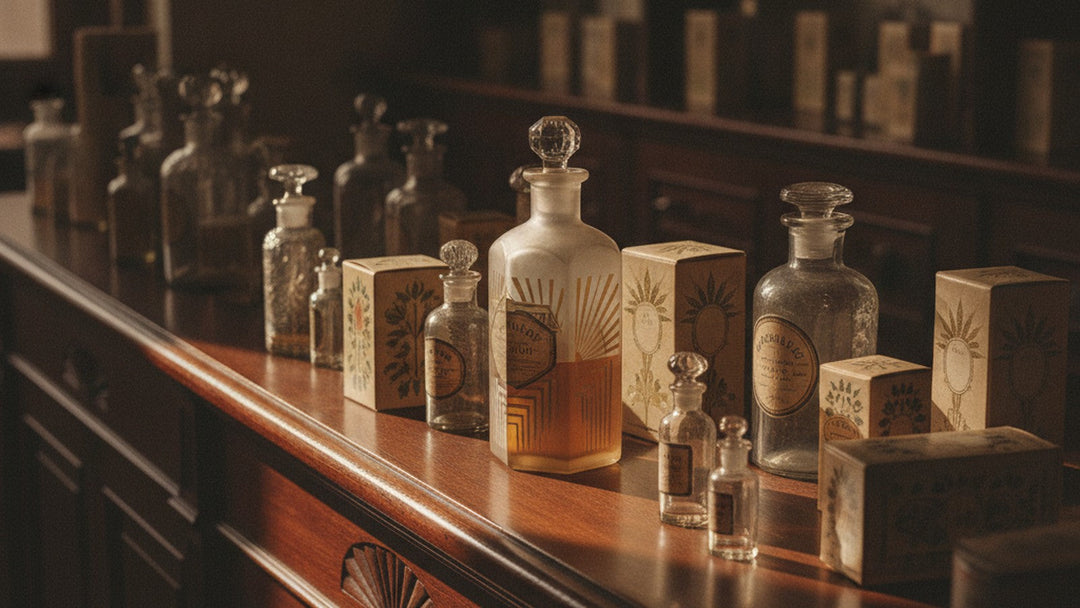 Vintage pharmacy bottles on wooden counter in 1920s style