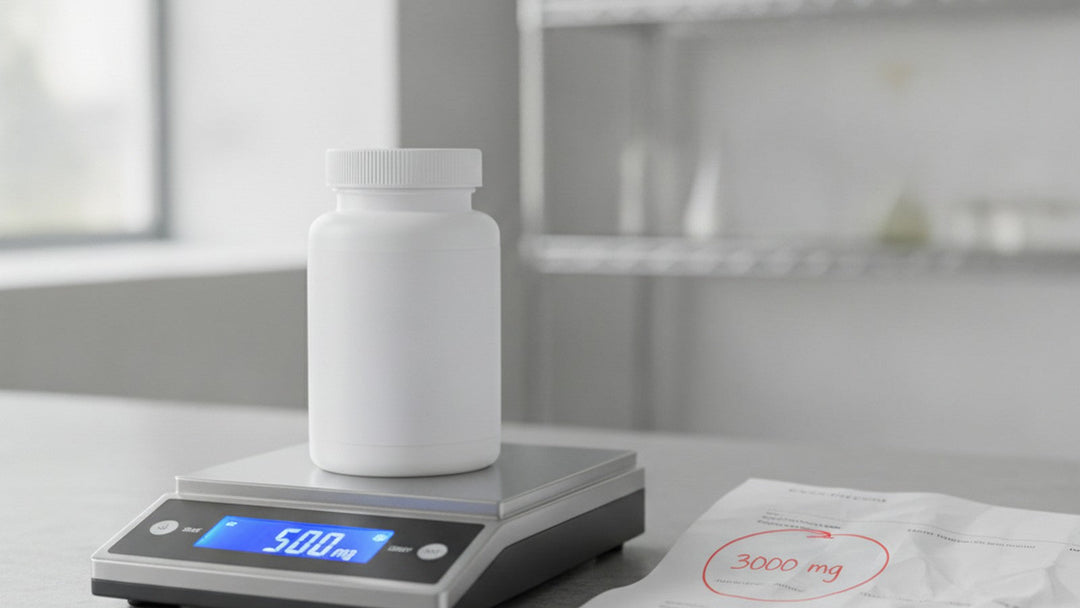 Supplement bottle on scale showing weight difference from research dose