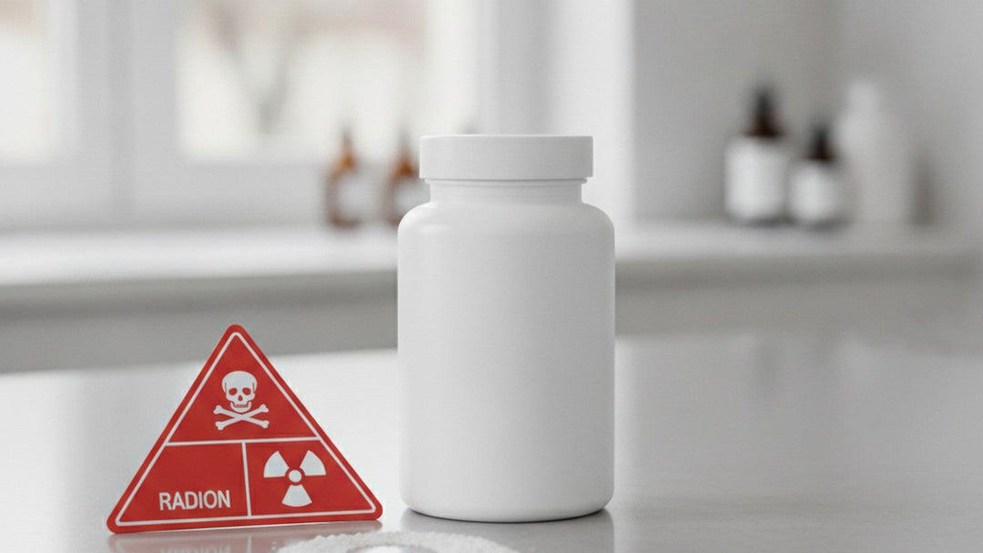 Barium supplement bottle next to hazard warning symbol
