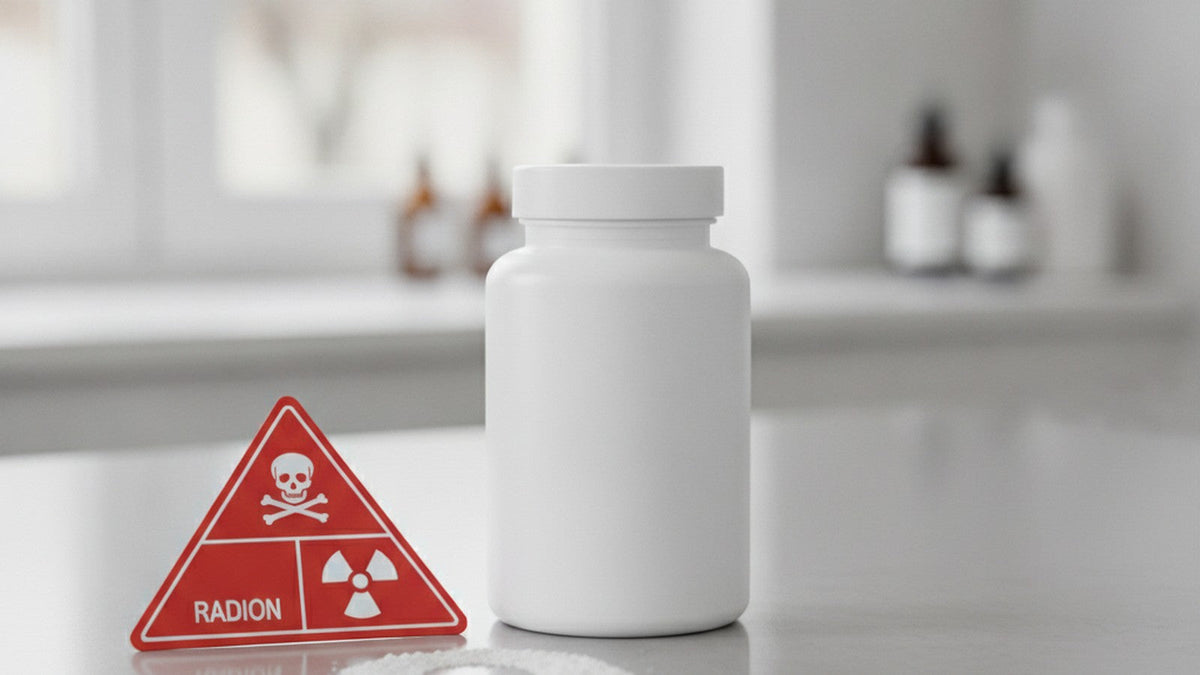 Barium supplement bottle next to hazard warning symbol