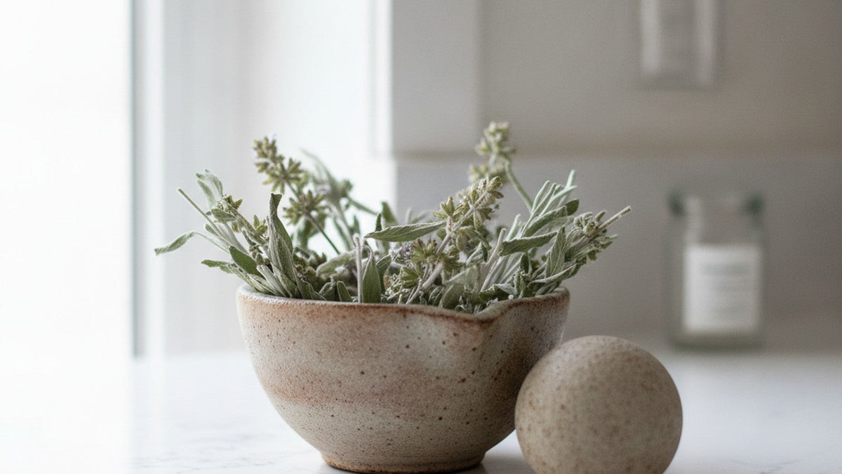Dried alpine sage leaves in ceramic mortar