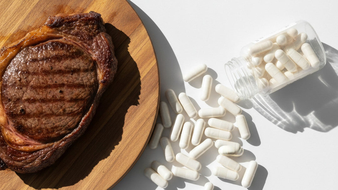 Steak on cutting board next to supplement capsules