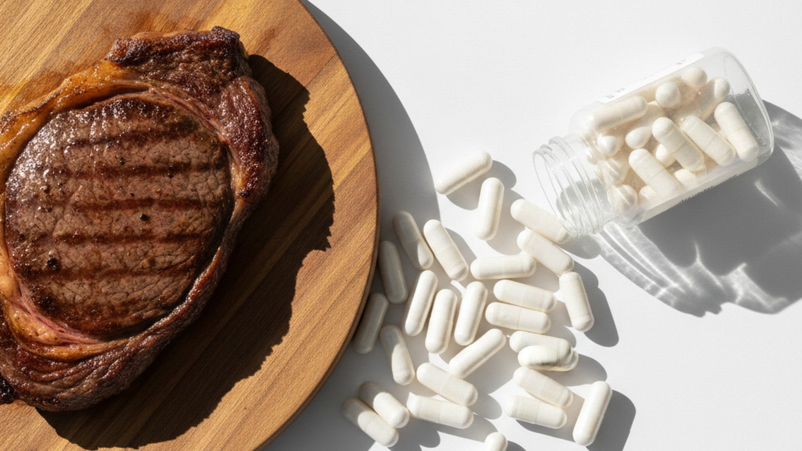 Steak on cutting board next to supplement capsules