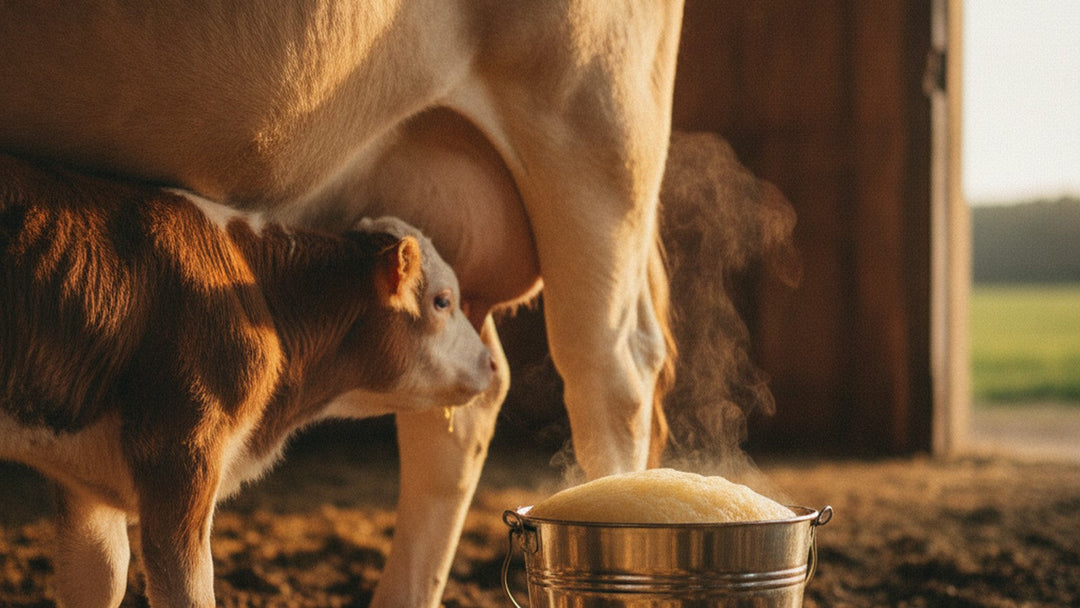 Calf nursing beside bucket of fresh colostrum at sunrise