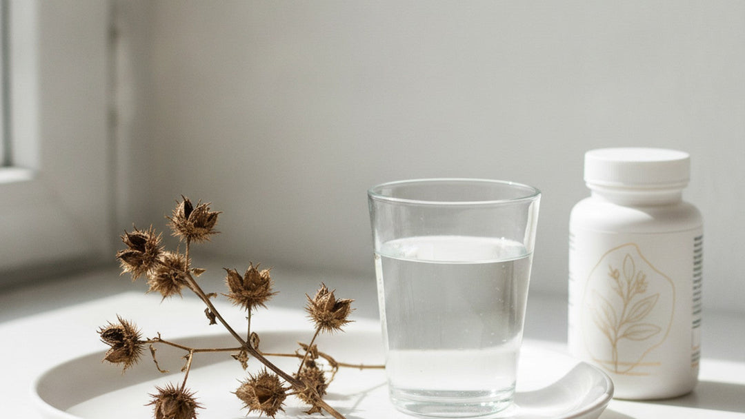 Tribulus terrestris spiny seed pods on white plate beside water glass and supplement bottle