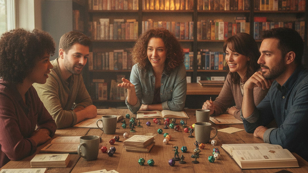 Adults playing tabletop RPG together around table with dice and character sheets