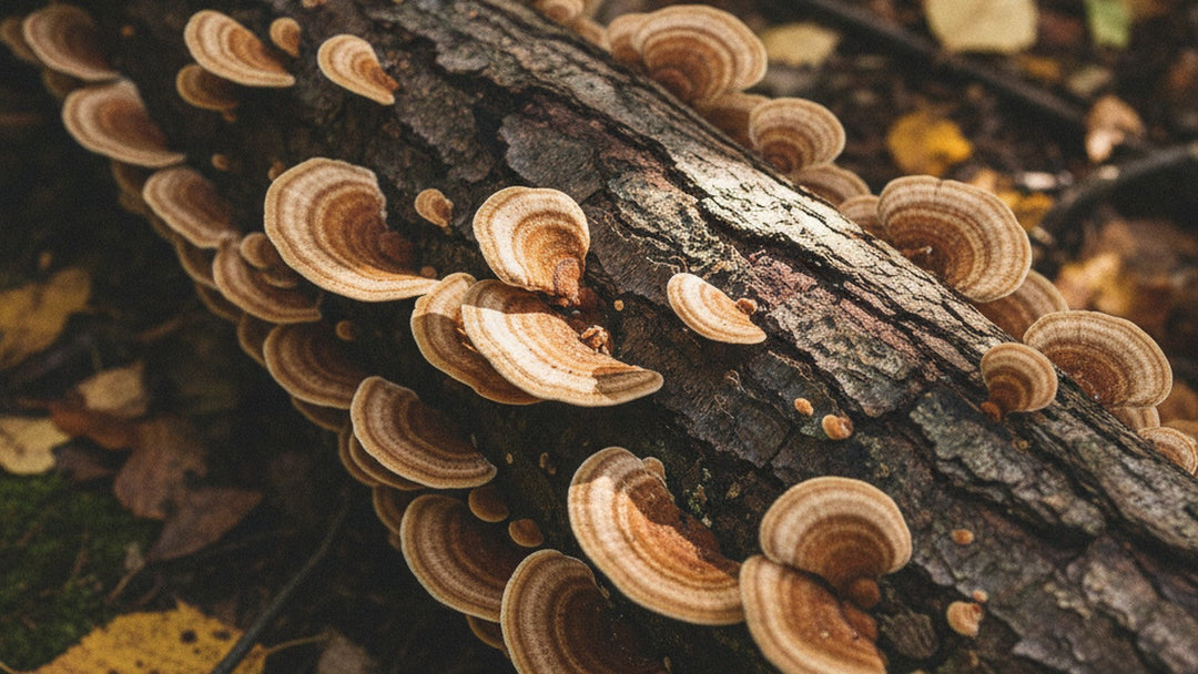 Turkey tail mushrooms growing on forest log