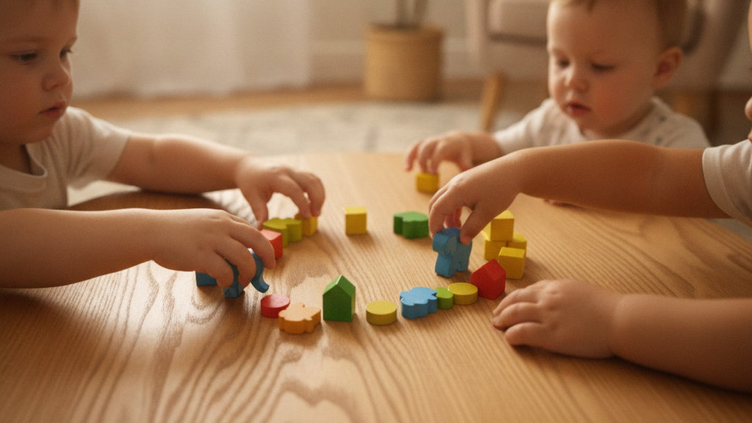 Four children's hands reaching toward board game pieces on wooden table